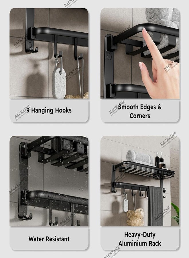 B Backline Aluminium Folding Towel Rack | 24-Inch Wall Mount Foldable Towel Holder with Swivel Rod, 9 Hooks & Storage Shelf | Bathroom Towel Stand for Shampoo & Accessories | Black Matt Finish - Image 3